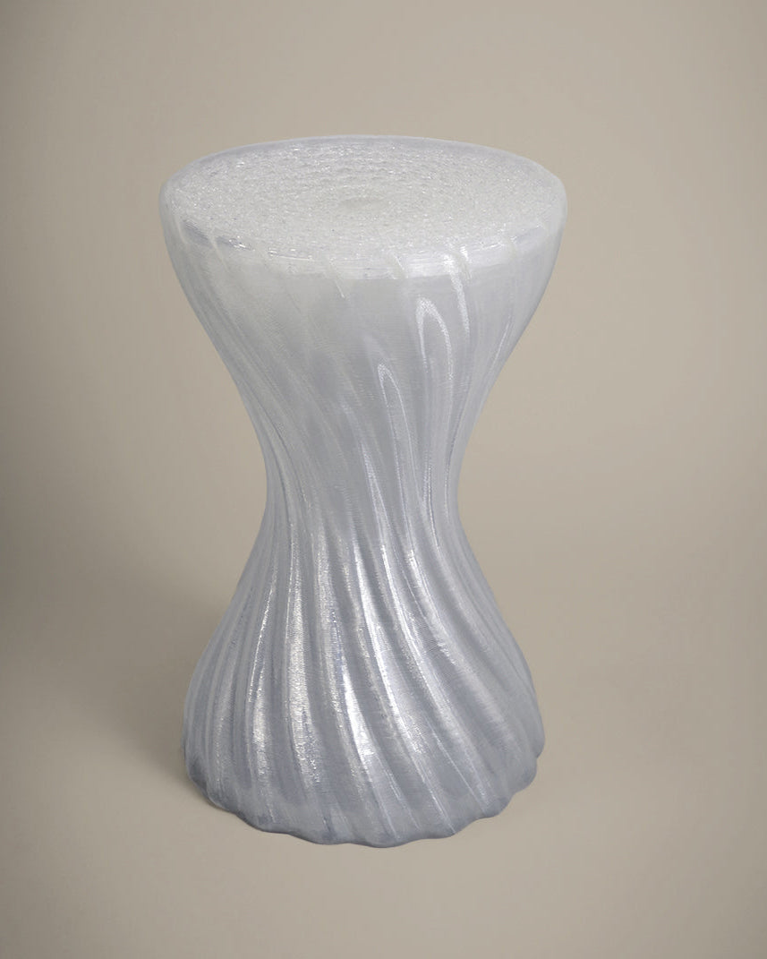 Clear 3D printed Mandala stool by Fab.Pub, printed in London from plant-based bioplastic