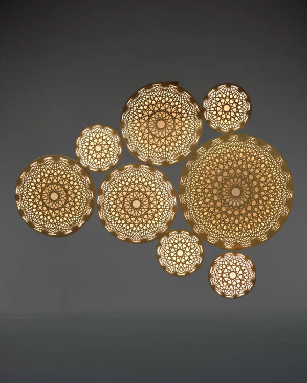 Aura Wall Art cluster of seven illuminated mandala pieces by Fab.Pub, 3D printed in London from plant-based bioplastic
