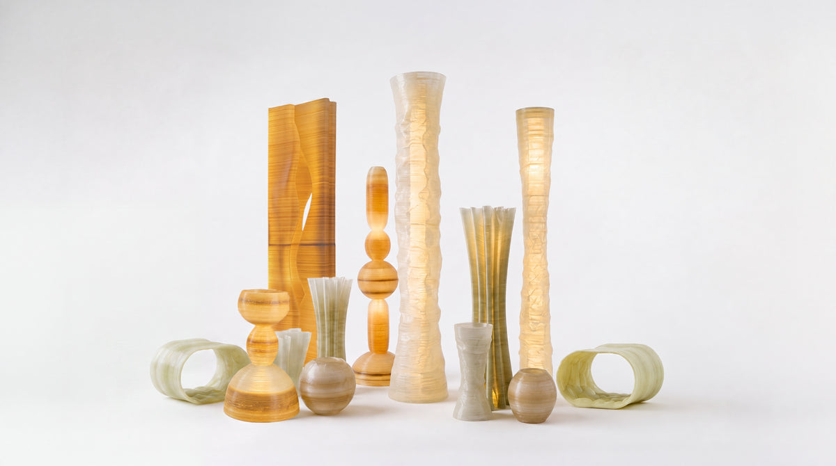 Collection of translucent 3D-printed furniture, lighting and sculptural objects created for After the Last Sip.
