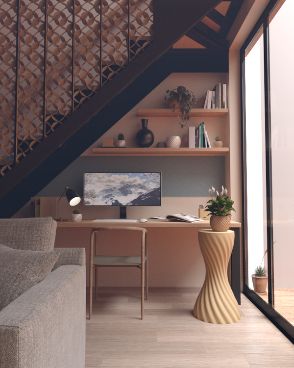 Circular House architectural visualisation showing Butterfly panels beside the staircase. Frames and installation shown are excluded.