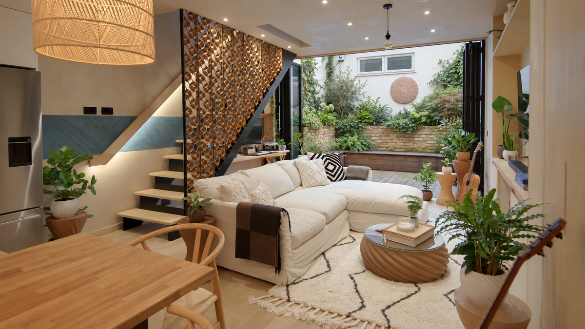 Circular House interior with digitally enhanced natural garden planting; wall Mandala shown without lighting. Styling visualisation.