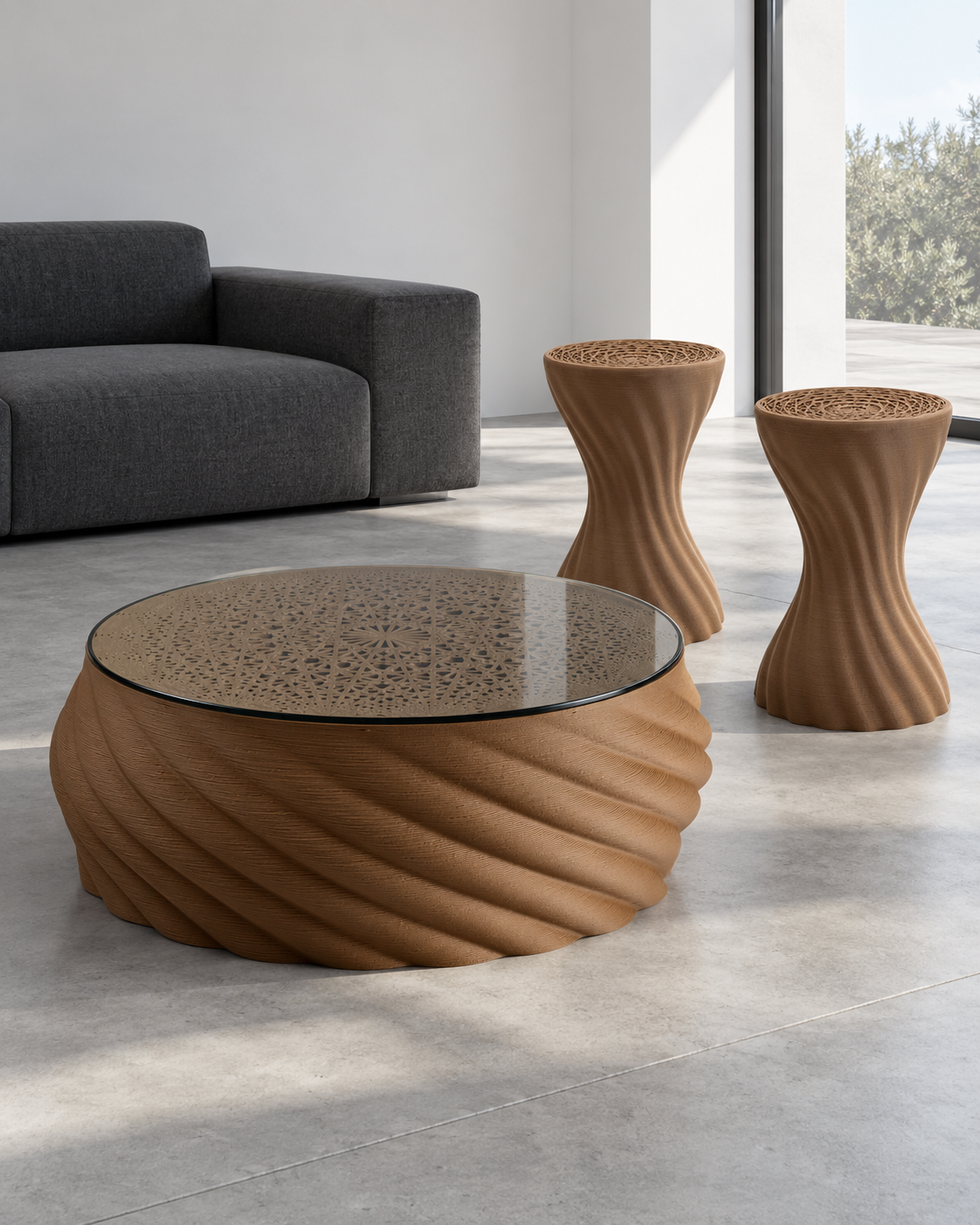 AI-styled visualisation of the Mandala Wood Coffee Table with two Brown Wood stools in a contemporary interior.