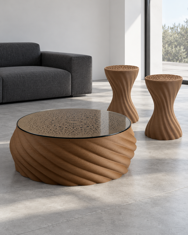 AI-styled visualisation of the Mandala Wood Coffee Table with two Brown Wood stools in a contemporary interior.