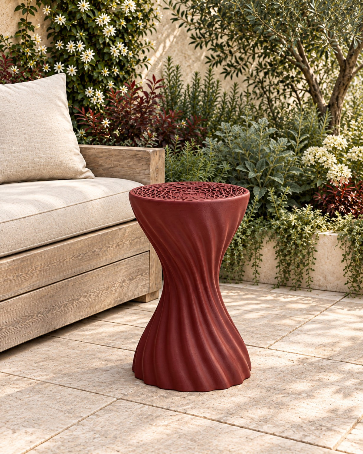 Iron Red Mandala stool garden colour visualisation