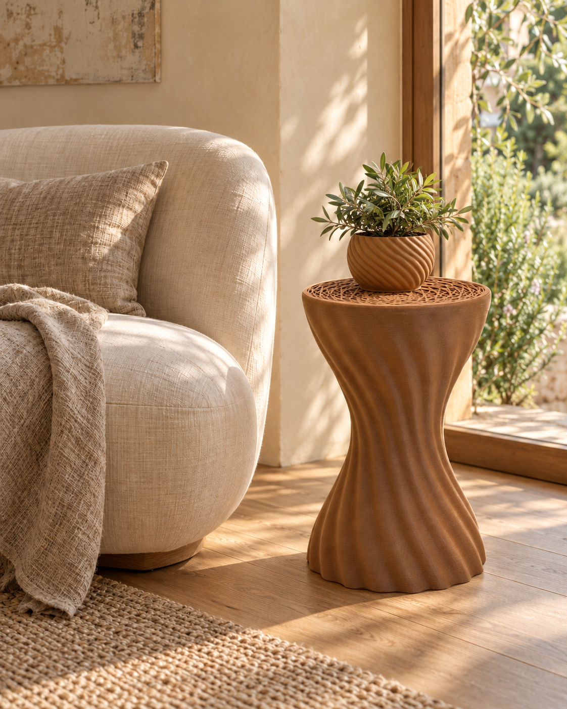 Lifestyle visualisation of the Brown Wood Mandala side table and medium planter beside a linen chair. Chair and plant not included.