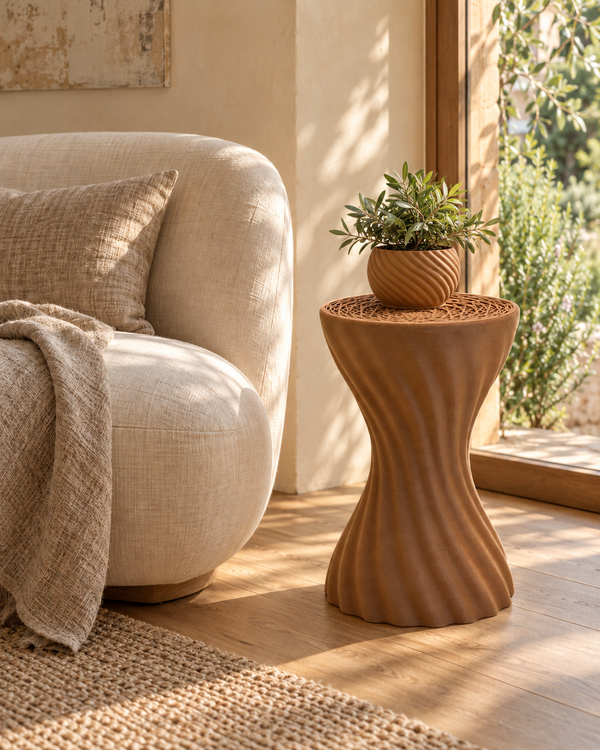 Lifestyle visualisation of the Brown Wood Mandala side table and medium planter beside a linen chair. Chair and plant not included.