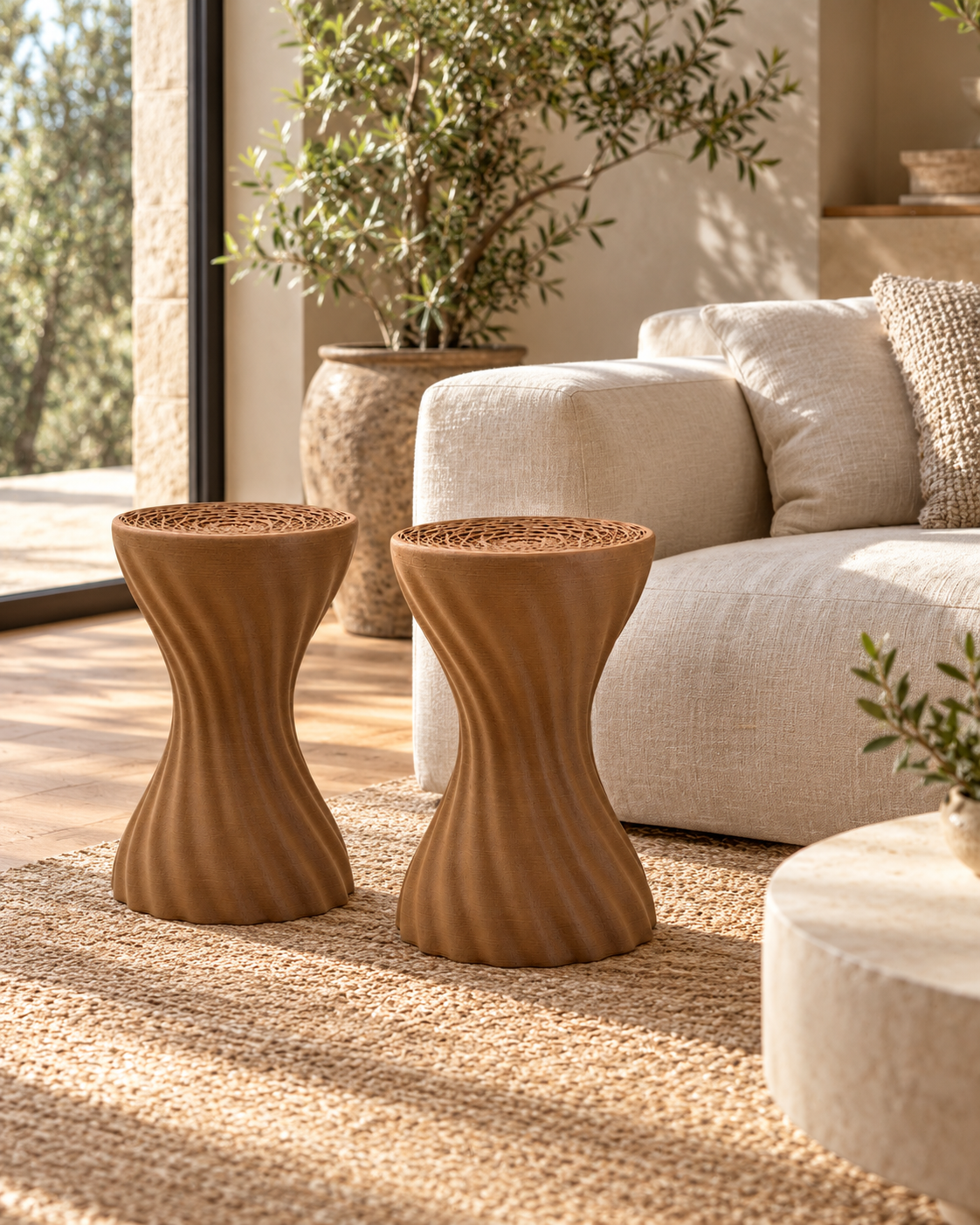 Mandala stool complete set in a warm interior, styling visualisation