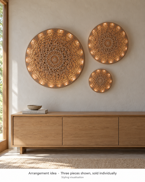 Styling visualisation of three Mandala Wall Art pieces above a sideboard. Arrangement idea; sold individually. Refer to size guide for accurate proportions.