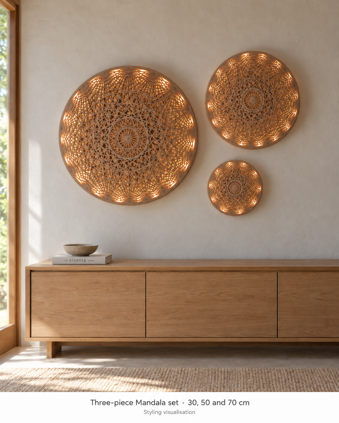 Styling visualisation of the three-piece illuminated Mandala Wall Art set. Diameters 30, 50 and 70 cm; furniture not included.