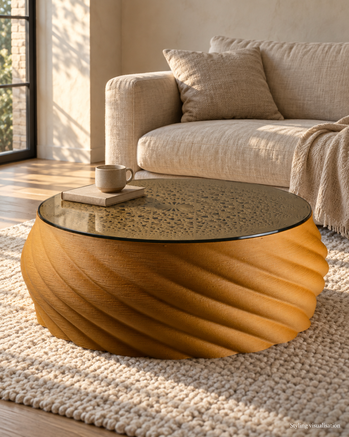 Styling visualisation: Mandala Wood Coffee Table beside a linen sofa. Furniture and accessories are not included.
