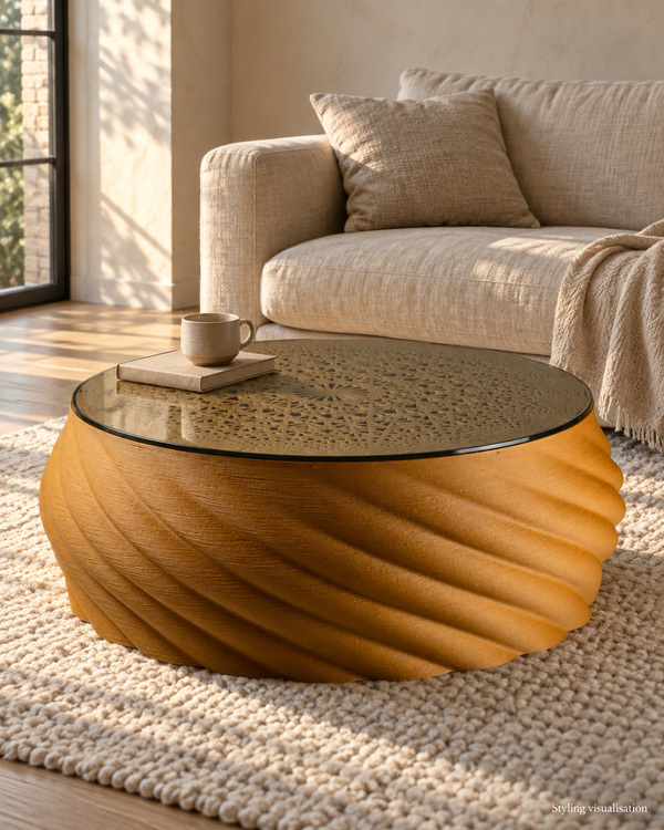 Styling visualisation: Mandala Wood Coffee Table beside a linen sofa. Furniture and accessories are not included.