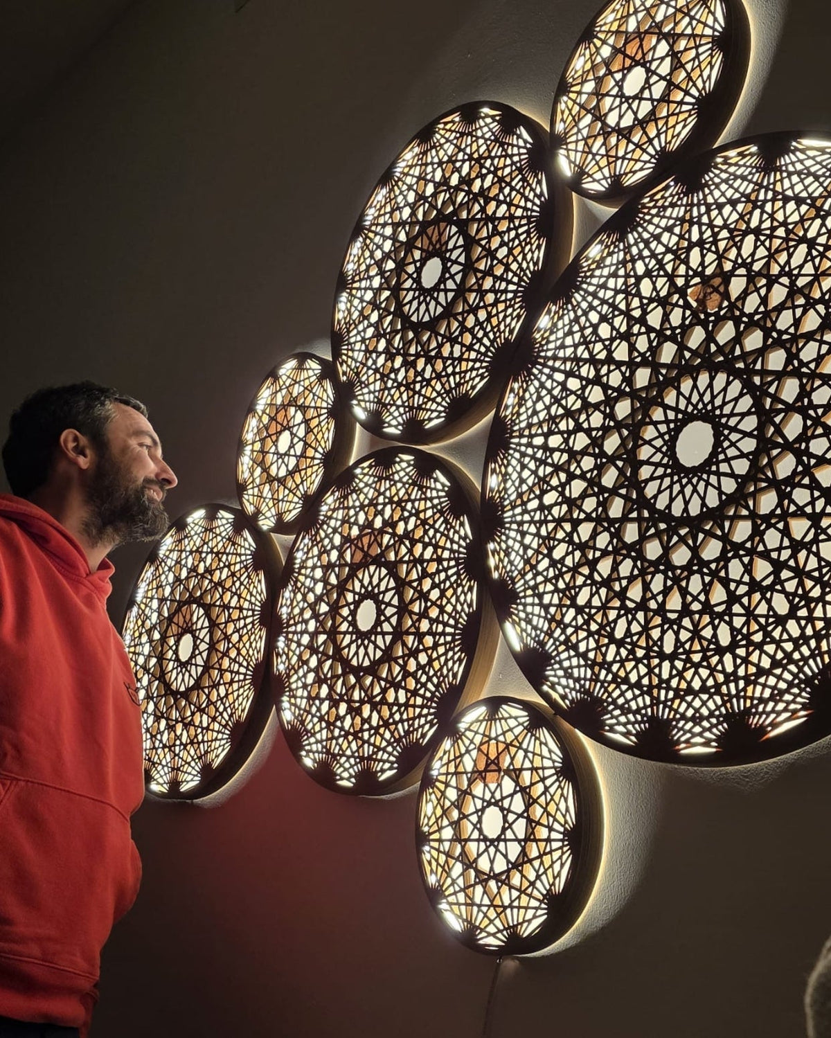 Aura Wall Art by Fab.Pub styled above seating in a restaurant