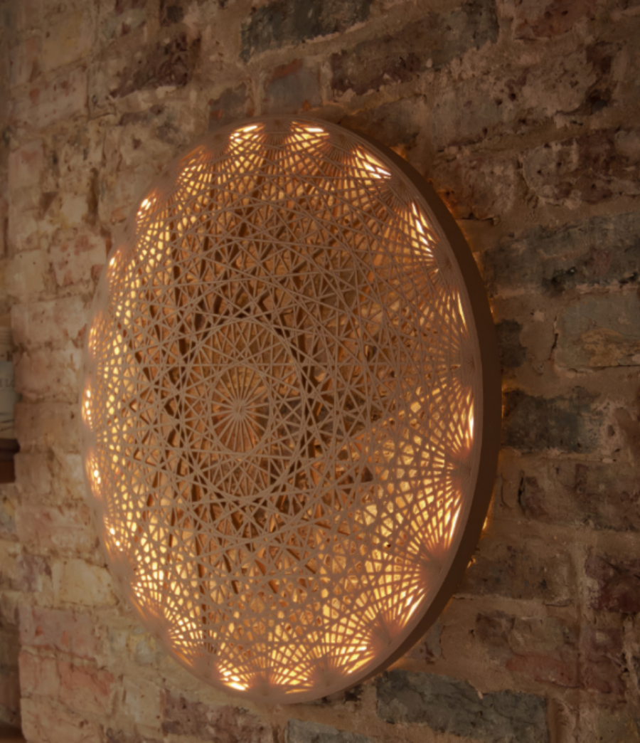 3D printed Mandala Wall Art with warm LED glow by Fab.Pub, printed in London from plant-based bioplastic