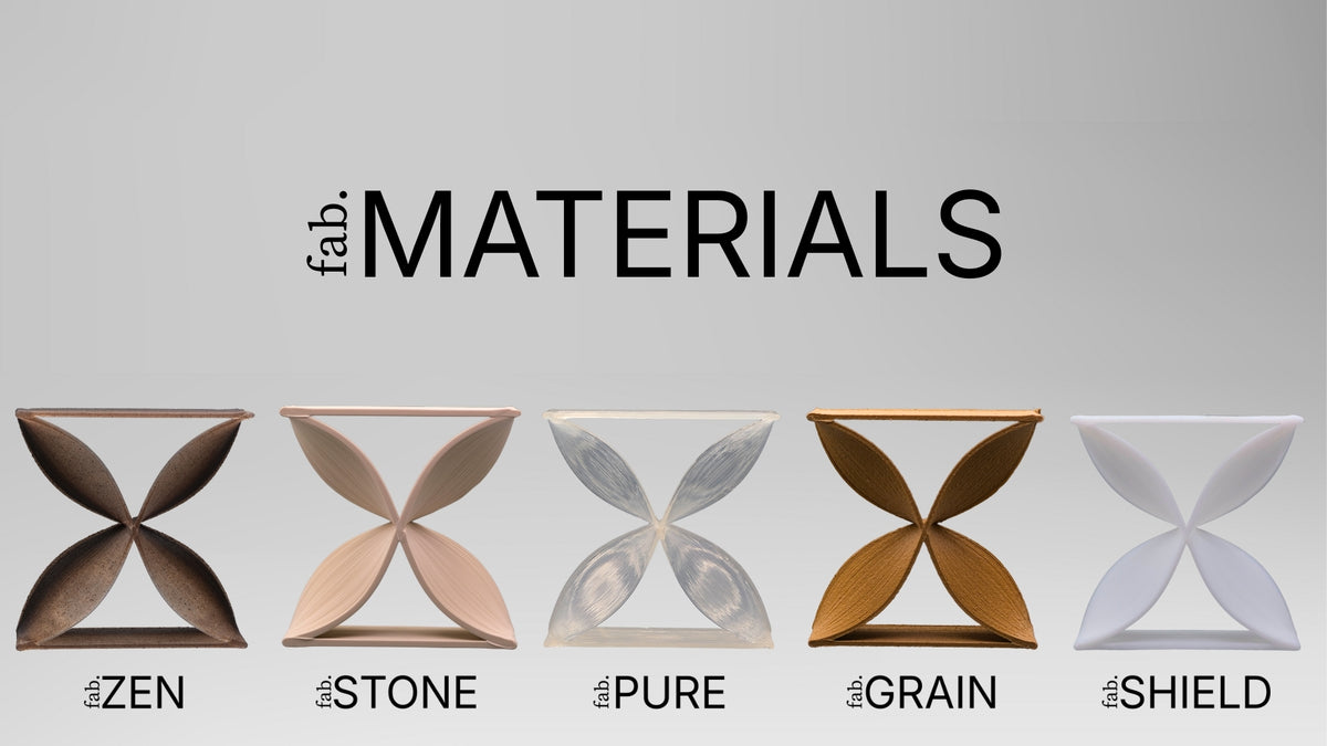 Fab Materials Butterfly samples: fabZEN, fabSTONE, fabPURE, fabGRAIN and fabSHIELD. Discuss colour and material suitability for your project.