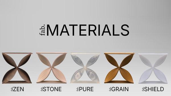 Fab Materials Butterfly samples: fabZEN, fabSTONE, fabPURE, fabGRAIN and fabSHIELD. Discuss colour and material suitability for your project.