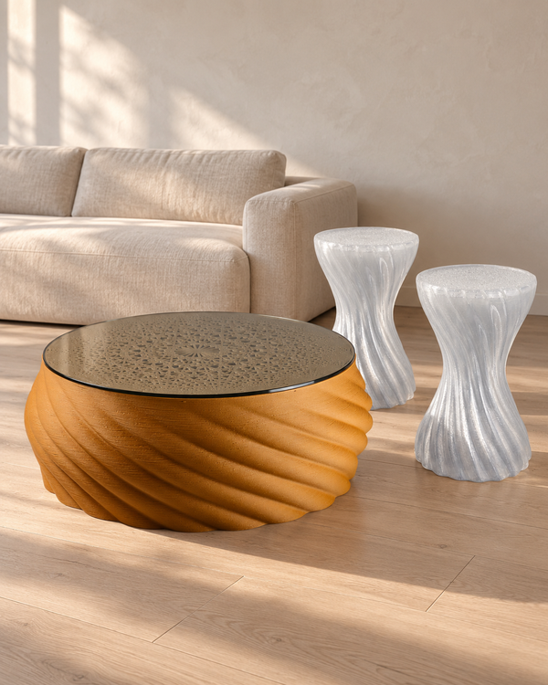 Alternative styling with two clear stools. Standard cluster supplied with two Brown Wood stools; clear arrangement available on enquiry.