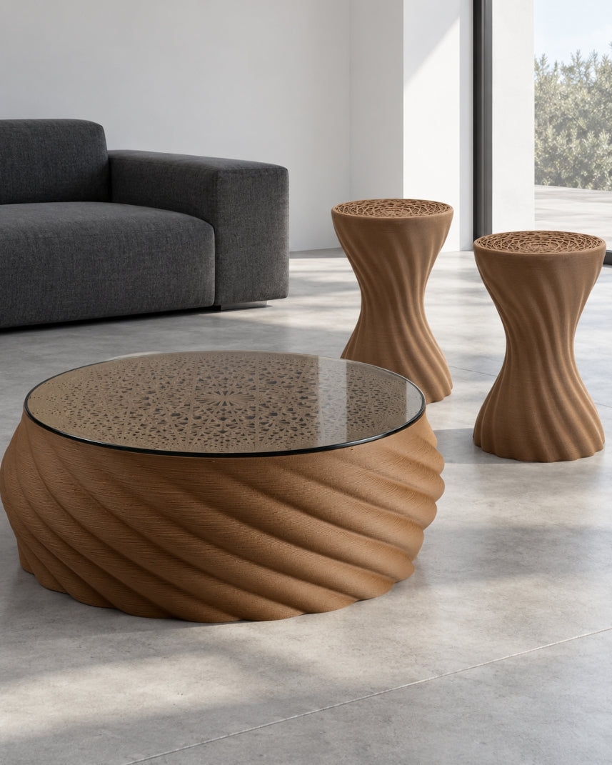 Mandala Cluster wood set in an AI-styled interior: one coffee table with glass top and two brown wood stools.