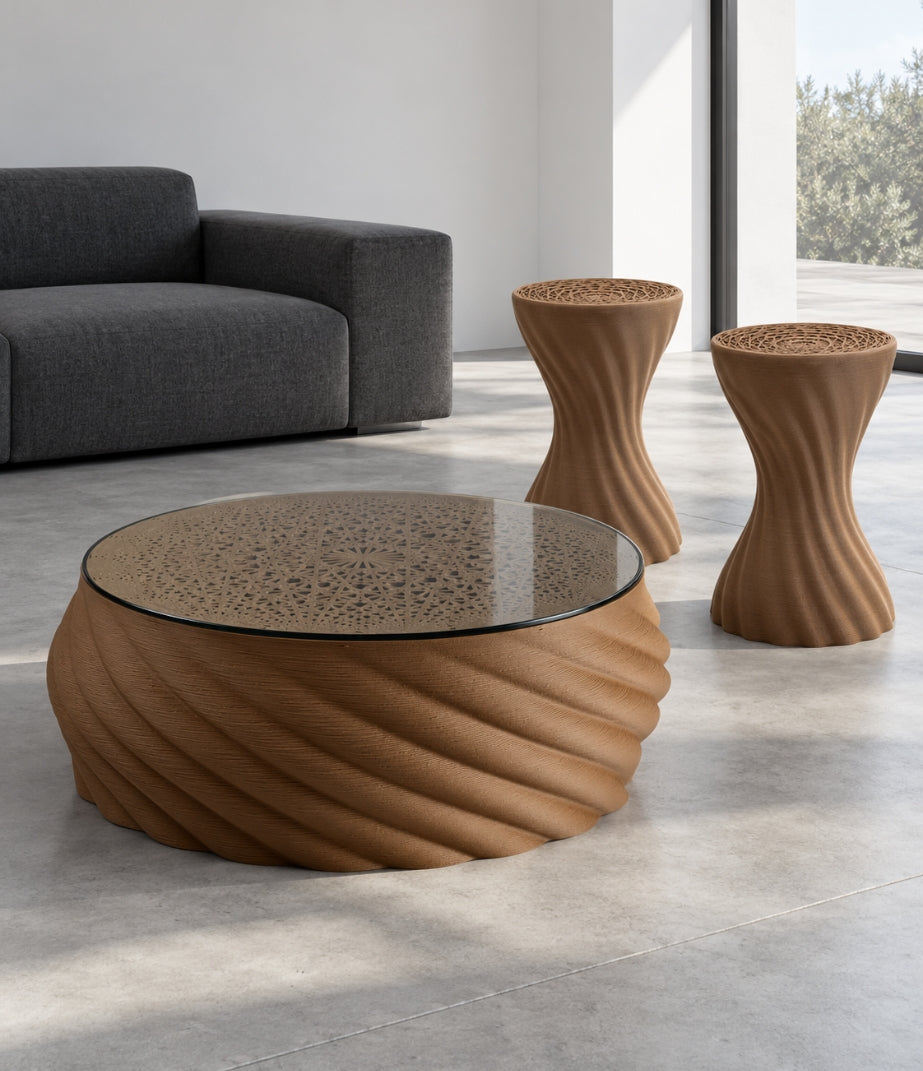 Mandala Cluster wood set in an AI-styled interior: one coffee table with glass top and two brown wood stools.