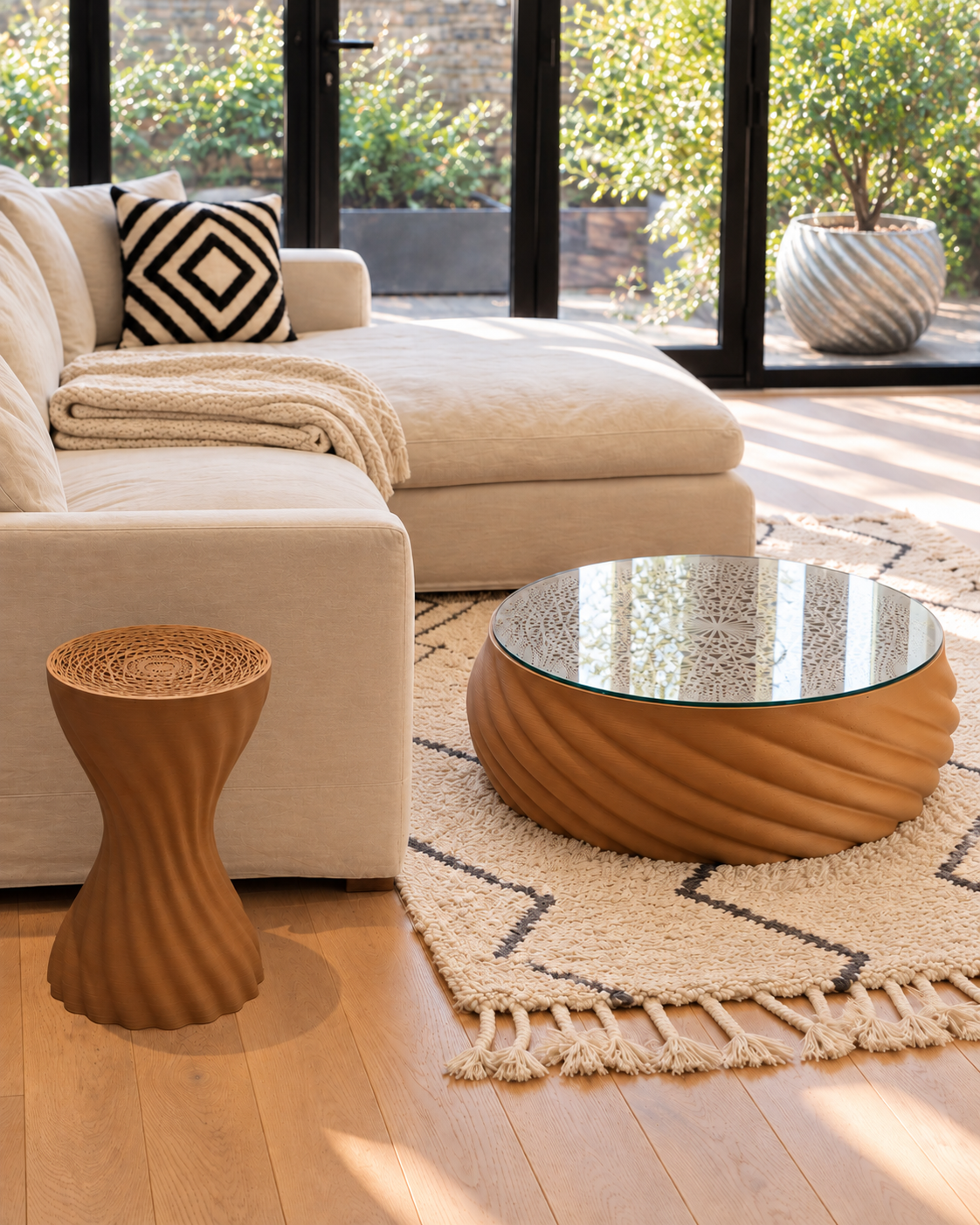 Styling visualisation of Mandala wood stool and coffee table with a large Mandala planter in the garden background. See listing for included items.