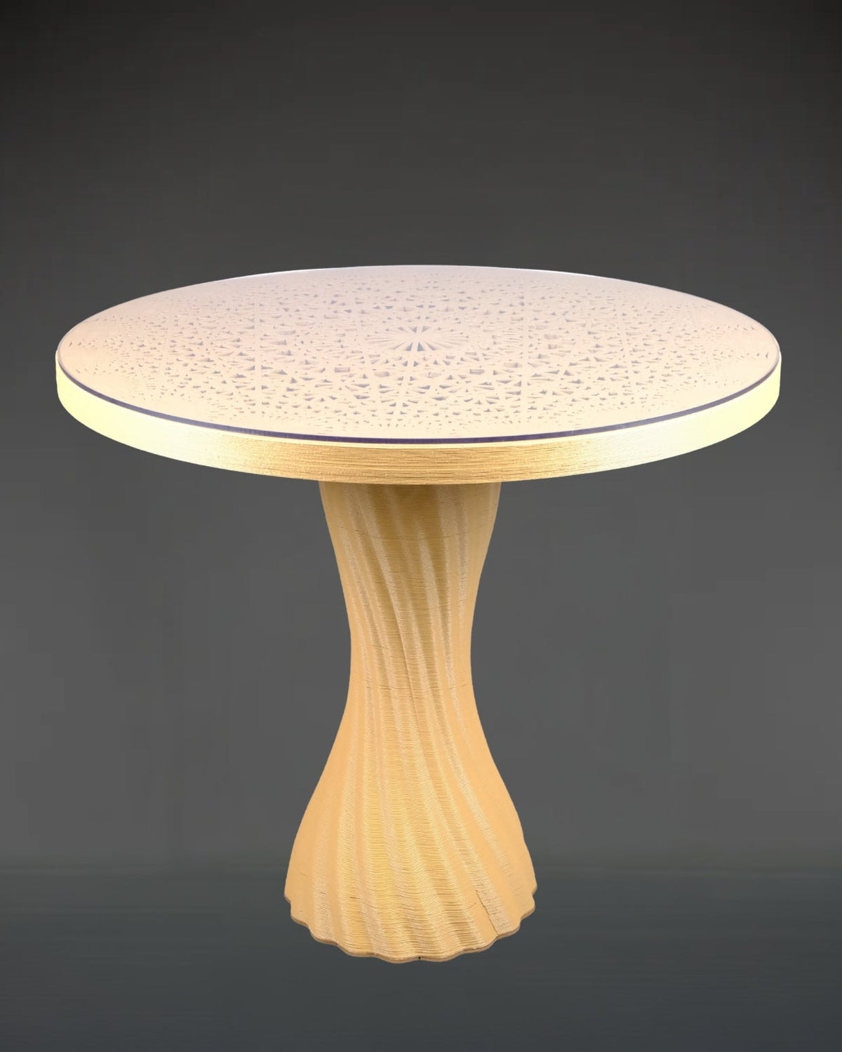 Mandala Bistro Table by Fab.Pub with wood tone 3D printed base, made in London from plant-based bioplastic