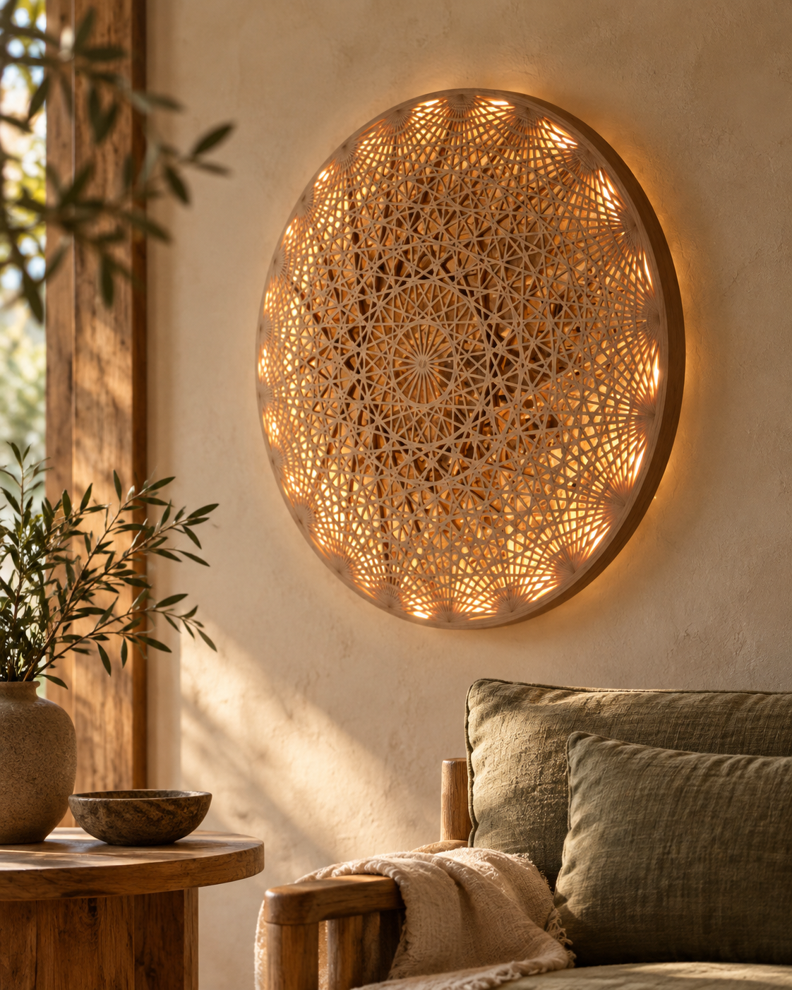 Styling visualisation of illuminated Mandala Wall Art in a warm hotel lounge. Lighting is optional; furniture is not included.
