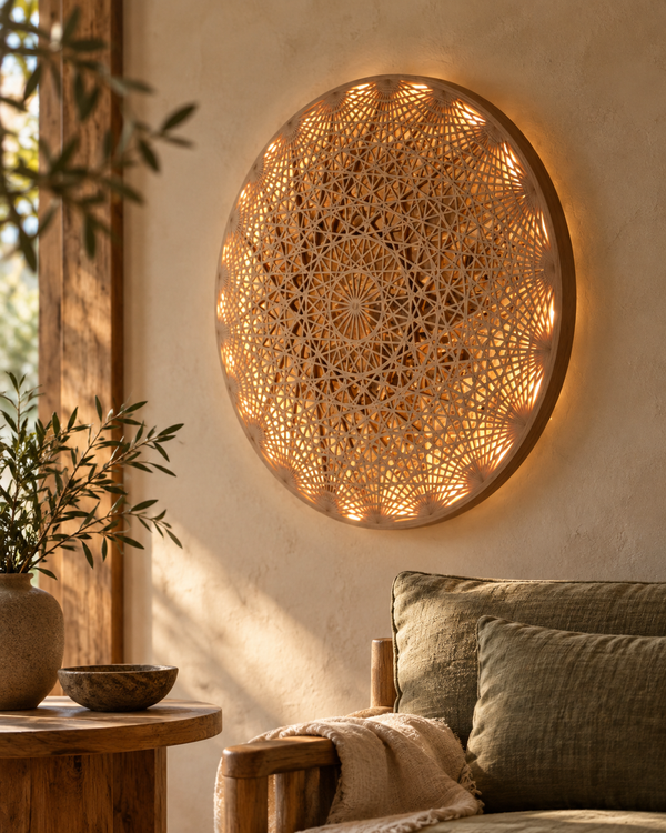Styling visualisation of illuminated Mandala Wall Art in a warm hotel lounge. Lighting is optional; furniture is not included.