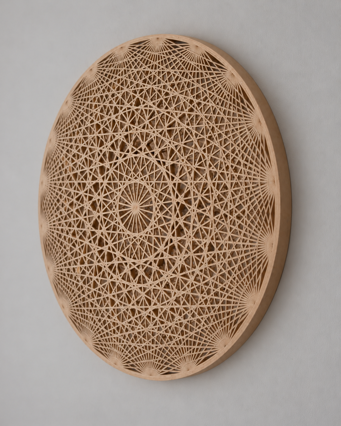 Mandala Wall Art without lighting on a neutral wall; edited product visualisation.