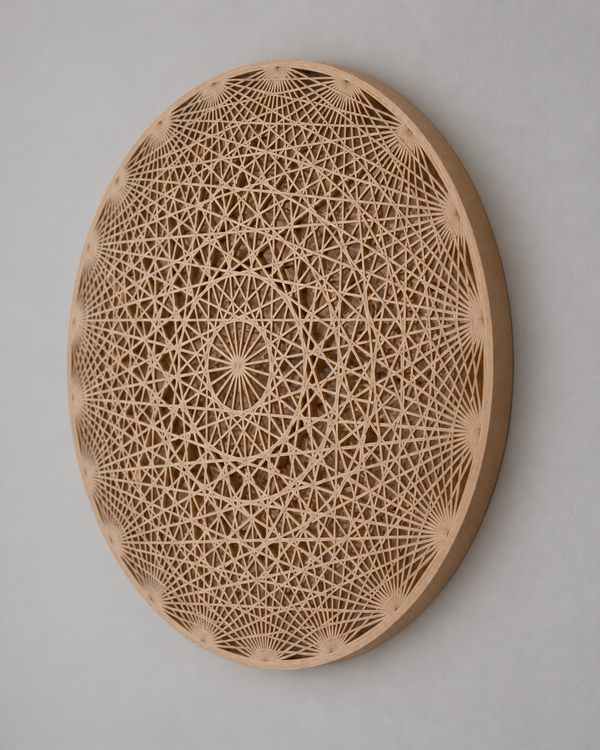Mandala Wall Art without lighting on a neutral wall; edited product visualisation.