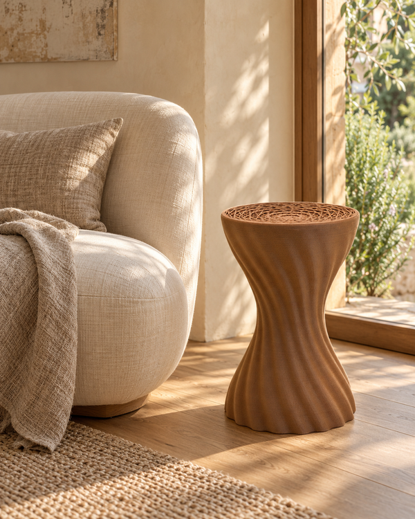 Hotel reading corner styling visualisation with the Mandala Wood Stool, 50 cm high. Stool sold separately; chair and accessories not included.