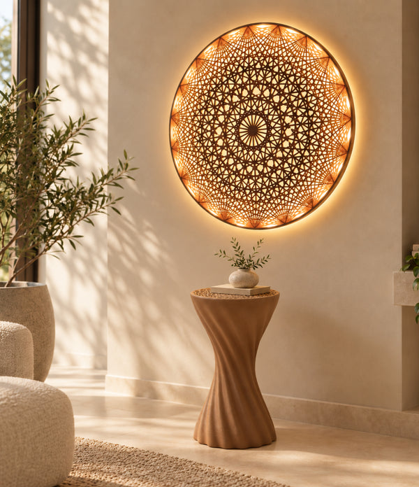 Mandala Stool Brown Wood in a warm interior styling visual; stool sold individually.