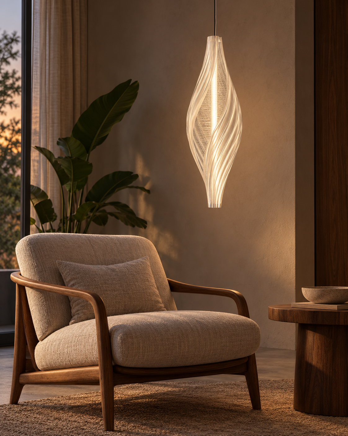 Interior styling visualisation of the Pupa pendant in a warm lounge